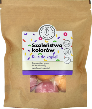 Musujące kule do kąpieli "Szaleństwo kolorów" w brązowej torebce, widoczne różowe i żółte kule, przód.