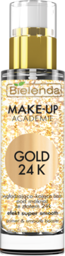 Bielenda Make-Up Academie Gold 24K primer z płatkami złota w przezroczystej butelce, widok frontalny.