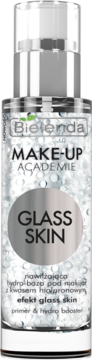Bielenda GLASS SKIN hydro-baza w przezroczystej butelce z pompką, widok z przodu, z mikrokapsułkami.