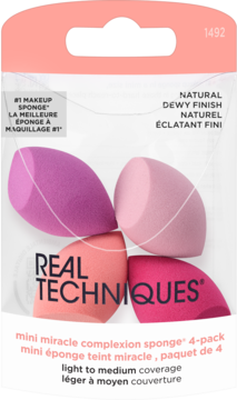 Real Techniques: 4 mini gąbki do makijażu w odcieniach różu, naturalne wykończenie. Widok z przodu opakowania.