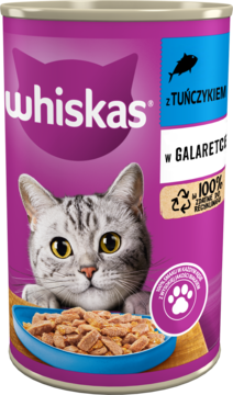 Puszka karmy Whiskas, mokra karma dla kota z tuńczykiem w galaretce. Fioletowa etykieta z kotem i miską, widok z przodu.