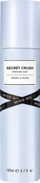 Light blue cylindrical Miss So...? Secret Crush Perfume Mist, 'Peony & Musk' label, with black ribbons, 140ml. Front view.