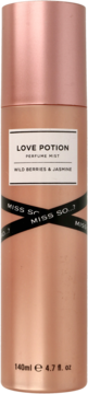 Miss So...? Love Potion perfumowana mgiełka, różowo-złota butelka o zapachu Wild Berries & Jasmine, widok z przodu.