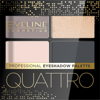 Paleta cieni do powiek Eveline Cosmetics Quattro, 4 harmonijne cienie: brąz, beż, róż, szary. Widok z przodu.