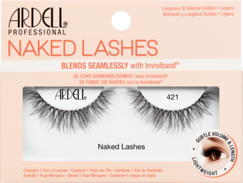 Ardell Naked Lashes 421 w różowym opakowaniu. Widok z przodu, delikatne rzęsy na pasku widoczne przez okno.