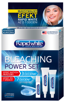 Zestaw wybielający Rapid White Bleaching Power Set, niebiesko-białe pudełko z tubkami i szyną na 7 odcieni.