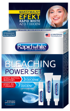 Zestaw wybielający Rapid White Bleaching Power Set, niebiesko-białe pudełko z tubkami i szyną na 7 odcieni.