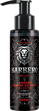 BARBERO łagodny szampon do brody i włosów, czarna butelka 100ml z lwem i pompką, widok z przodu.