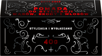 Czarna pomada Barbero 40g do stylizacji wąsów, brody i włosów. Czerwone napisy i srebrne ozdoby. Widok frontalny.
