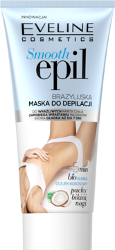 Biało-błękitna tubka Eveline Smooth Epil Brazylijska maska do depilacji do pach, bikini i nóg, widok z przodu.