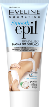 Biało-błękitna tubka Eveline Smooth Epil Brazylijska maska do depilacji do pach, bikini i nóg, widok z przodu.