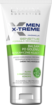 Balsam po goleniu Eveline X-TREME Sensitive w białej tubce z zielonymi detalami, z aloesem i konopiami, widok z przodu.