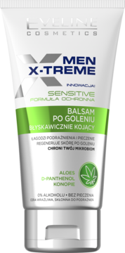 Balsam po goleniu Eveline X-TREME Sensitive w białej tubce z zielonymi detalami, z aloesem i konopiami, widok z przodu.