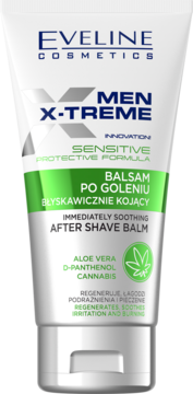 Eveline X-MEN X-TREME Sensitive After Shave Balm. Biała tuba z zielonymi detalami, aloesem, D-panthenolem, konopiami. Widok z przodu.