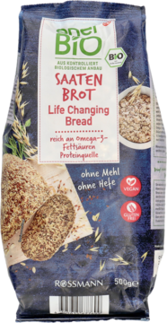 Granatowa torebka anel BIO Saatbrot Life Changing Bread, bezglutenowa mieszanka, bogata w omega-3 i białko.