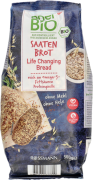 Granatowa torebka anel BIO Saatbrot Life Changing Bread, bezglutenowa mieszanka, bogata w omega-3 i białko.
