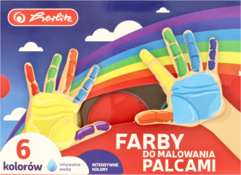 Opakowanie farb Berlitz do malowania palcami, 6 kolorów. Niebiesko-czerwone, z tęczą i kolorowymi dłońmi.