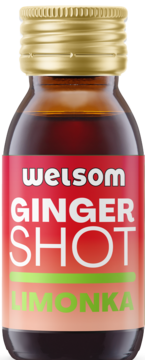 Welsom Ginger Shot Limonka, mała butelka z czerwoną etykietą, zielonym napisem i złotą zakrętką, widok z przodu.