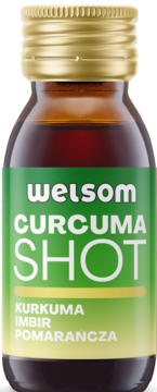 Welsom Curcuma Shot z kurkumą, imbirem i pomarańczą, mała brązowa butelka, zielona etykieta, widok z przodu.