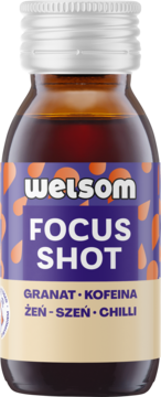 Welsom Focus Shot, ciemna butelka z fioletową etykietą, napisami Granat, Kofeina, Źeń-szeń, Chilli. Widok z przodu.