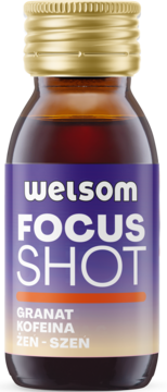Welsom Focus Shot, ciemna szklana butelka, złotą nakrętką, fioletowa etykieta. Granat, kofeina, żeń-szeń. Widok z przodu.