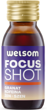 Welsom Focus Shot, ciemna szklana butelka, złotą nakrętką, fioletowa etykieta. Granat, kofeina, żeń-szeń. Widok z przodu.