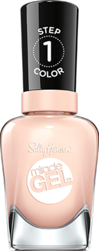 Sally Hansen Miracle Gel 187 Sheer Happiness, jasnobeżowy lakier do paznokci z czarną nakrętką STEP 1, widok z przodu.