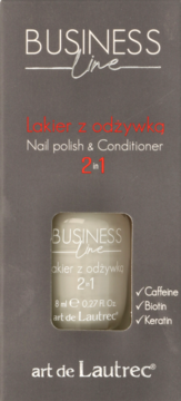 Lakier z odżywką Business Line 2w1 Art de Lautrec w ciemnym pudełku z jasną butelką widoczną przez okienko.