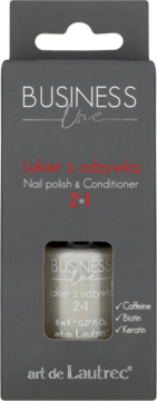 Front ciemnoszarego opakowania lakieru z odżywką Art de Lautrec Business Line 2-w-1, zawiera kofeinę, biotynę, keratynę.