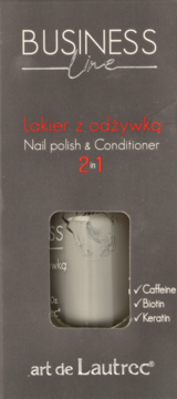 art de Lautrec Business Line 2w1 lakier z odżywką, ciemne pudełko z butelką, skład: kofeina, biotyna, keratyna.