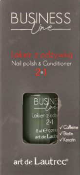 Ciemnoszary kartonik lakieru do paznokci Business Line 2w1, z butelką oliwkowej odżywki z kofeiną.