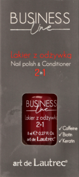 Ciemnoszare opakowanie lakieru z odżywką Business Line art de Lautrec 2w1, z czerwoną butelką i składnikami.