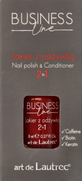 Szare opakowanie lakieru z odżywką art de Lautrec Business Line 2w1, butelka ciemnoczerwona, widok z przodu.