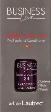 Art de Lautrec Business Line 2-in-1 nail polish & conditioner box. Dark purple bottle, caffeine, biotin.