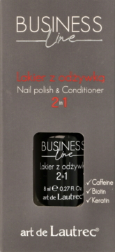Lakier z odżywką Business Line 2w1 art de Lautrec, szare pudełko z widoczną czarną butelką 8ml.