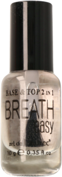 Butelka art de Lautrec Breath Easy Base & Top 2in1 do paznokci, przezroczysta, czarna nakrętka, widok z przodu.