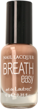 Lakier do paznokci Breath Easy art de Lautrec w odcieniu nude, brązowa butelka z czarną nakrętką, widok z przodu.