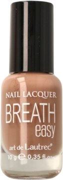 Lakier do paznokci Breath Easy art de Lautrec w odcieniu nude, brązowa butelka z czarną nakrętką, widok z przodu.