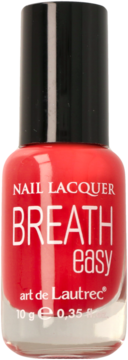 Czerwony oddychający lakier do paznokci Breath Easy art de Lautrec, butelka z przodu, czarny korek.