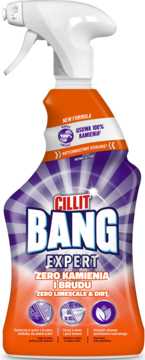 Cillit Bang Expert Zero Kamienia i Brudu spray, fioletowo-pomarańczowa butelka, usuwa 100% kamienia.