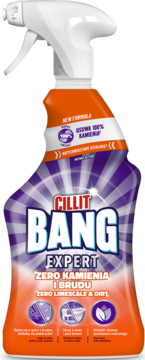 Cillit Bang Expert Zero Kamienia i Brudu spray, fioletowo-pomarańczowa butelka, usuwa 100% kamienia.