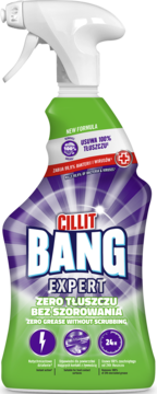 Cillit Bang Expert Zero Tłuszczu Bez Szorowania, zielono-fioletowy spray, front, "New Formula" na etykiecie.