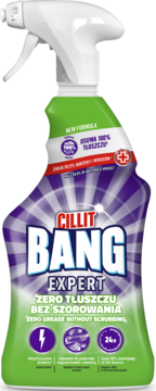 Cillit Bang Expert Zero Tłuszczu Bez Szorowania, zielono-fioletowy spray, front, "New Formula" na etykiecie.