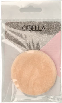 Puszek make-up O!BELLA, beżowy, okrągły, w przezroczystym opakowaniu, widok z przodu. Idealny do pudru.