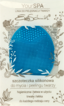 Niebieska silikonowa szczoteczka do mycia i peelingu twarzy w białym, ozdobnym opakowaniu. Widok z przodu.