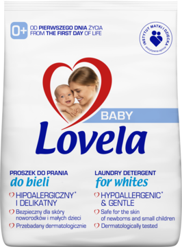 Biały proszek Lovela Baby do prania bieli, z ilustracją mamy i dziecka, hipoalergiczny, widok z przodu.