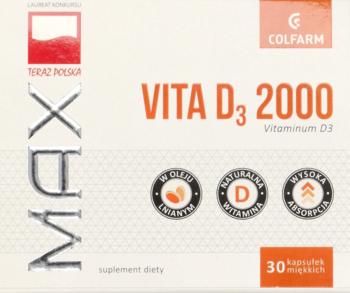 Opakowanie suplementu diety MAX VITA D3 2000 Colfarm, białe z pomarańczowym napisem i ikonami, widok z przodu.