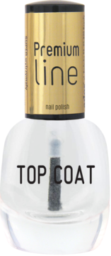 Przezroczysty top coat Premium Line w szklanej butelce, złota zakrętka, widoczny aplikator, widok z przodu.
