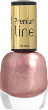 Lakier Ados Premium Line, metaliczny różowo-złoty, w szklanej butelce z złotą nakrętką. Widok z przodu.