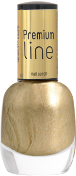 Złoty, perłowy lakier Ados Premium Line w butelce z złotą zakrętką, widok z przodu, tekst "nail polish".